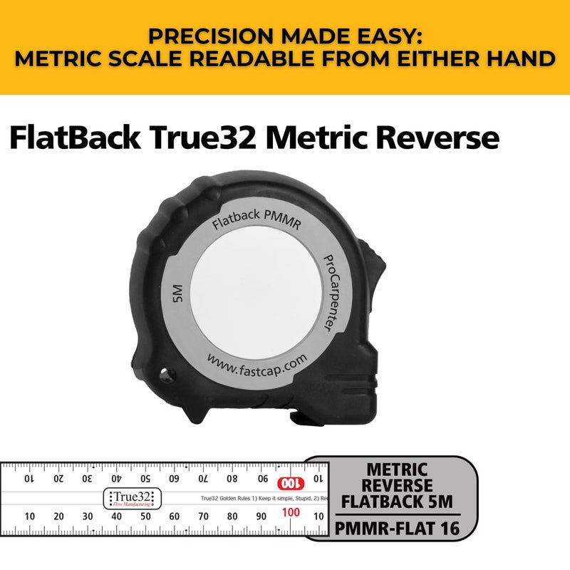 FastCap ProCarpenter Metric/Metric Reverse Flatback Measuring Tape - Ideal for Professionals and Home Improvement - with Lever Action Belt Clip and Dual Locking System - 16 Foot - 99944I - Image 2